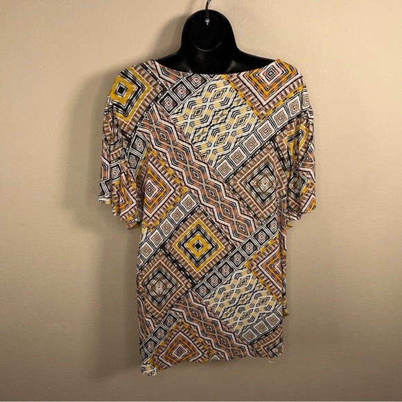 MEDIUM RUBY RD TRIBAL GEOMETRIC TOP SHORT SLEEVE ORANGE GOLDEN YELLOW BOHO - Picture 5 of 11